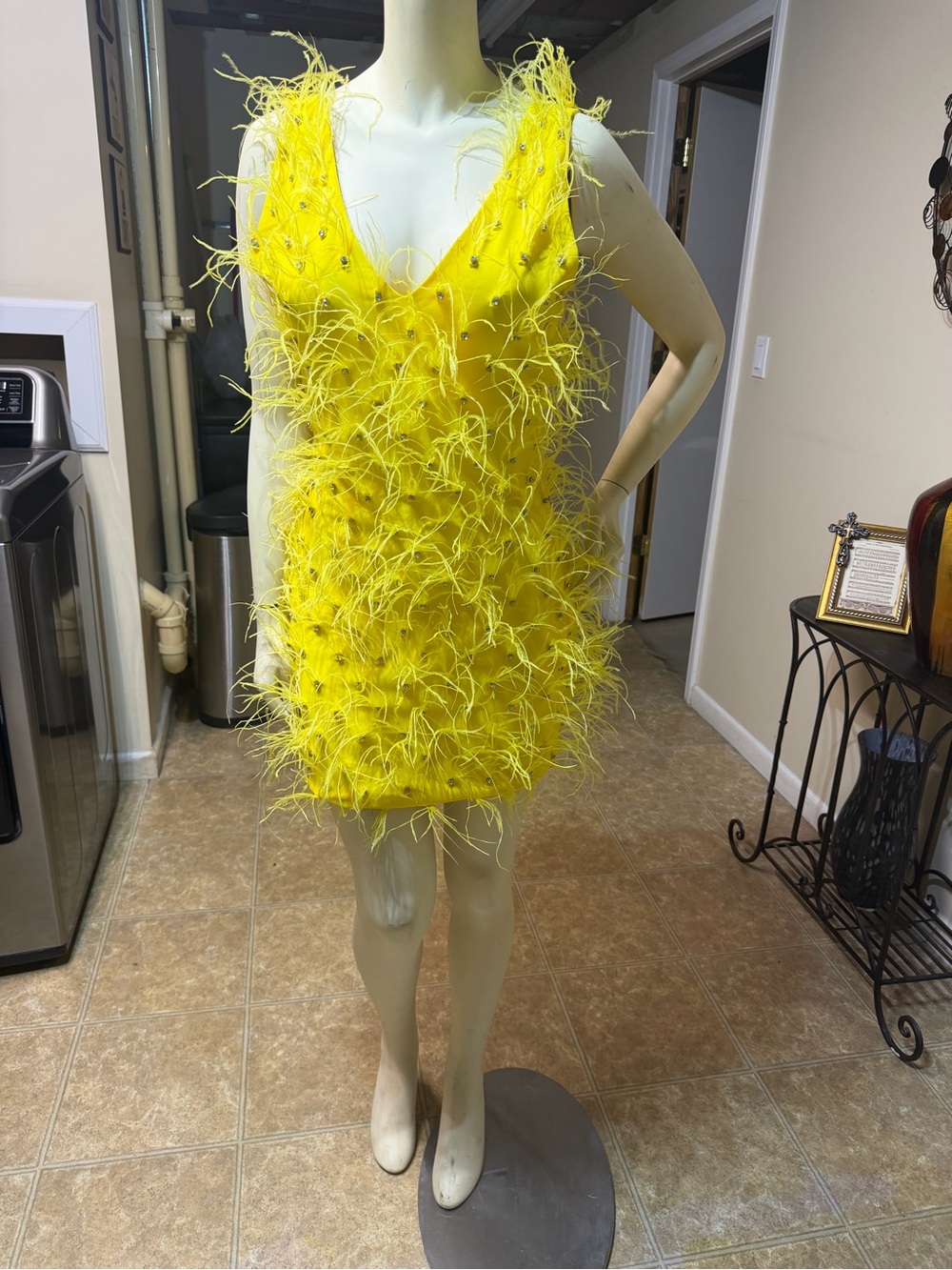 AKIRA Yellow Feathered V-Neck Mini Dress - Picture 3 of 3
